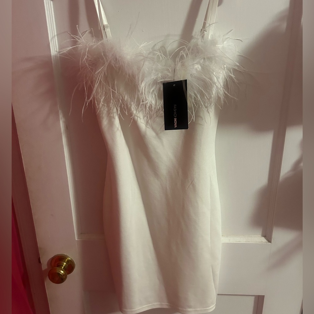Fashion Nova White Feather Trim Dress